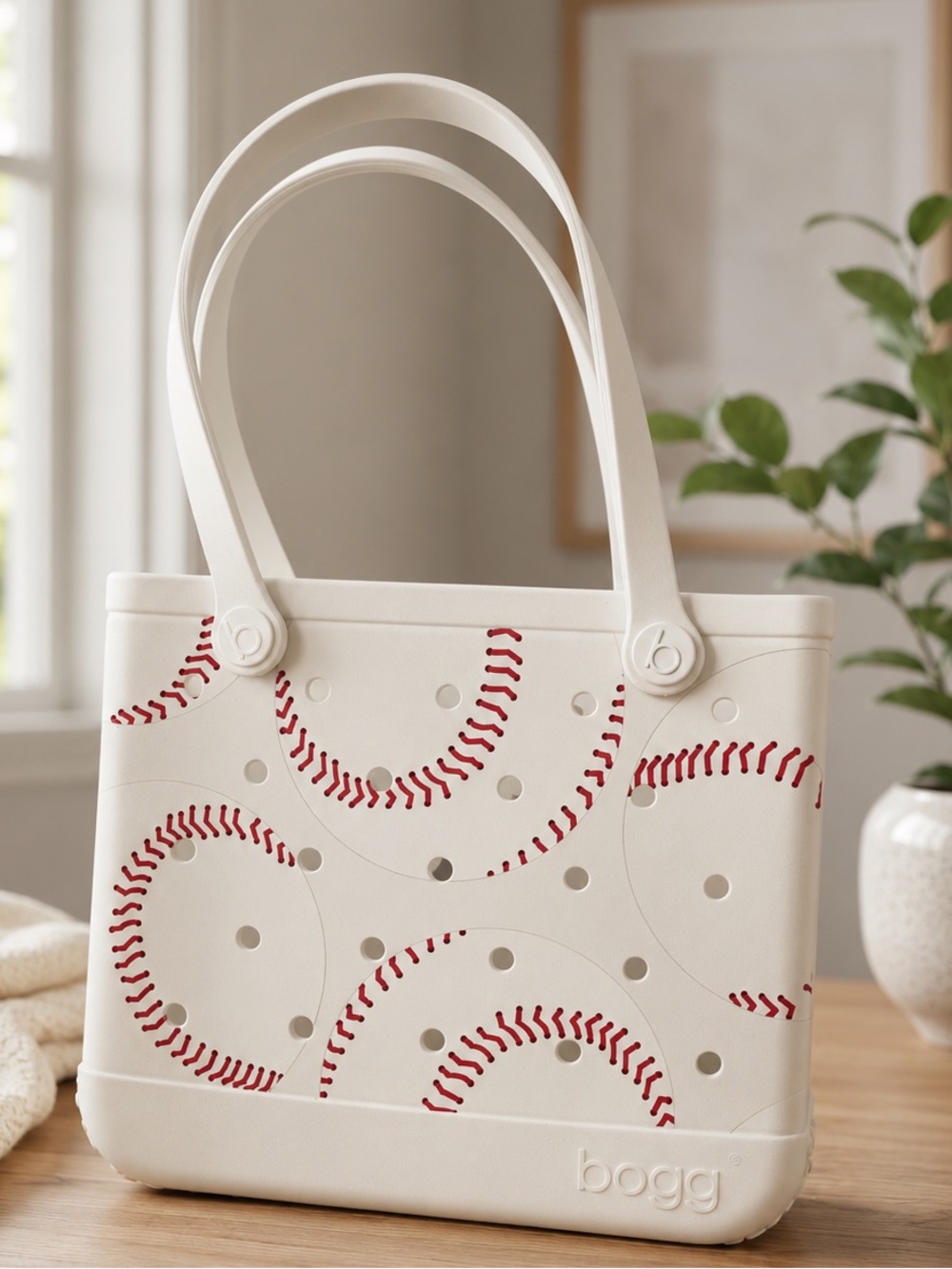 Bogg Bag Medium Baseball Print Tote White Red Like New